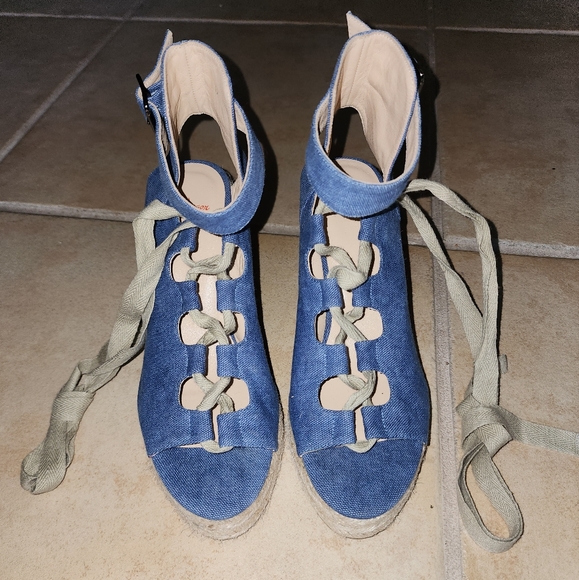 New Castaner Leather lace up Denim look platform Wedge Espadrille Sandals - Picture 3 of 11